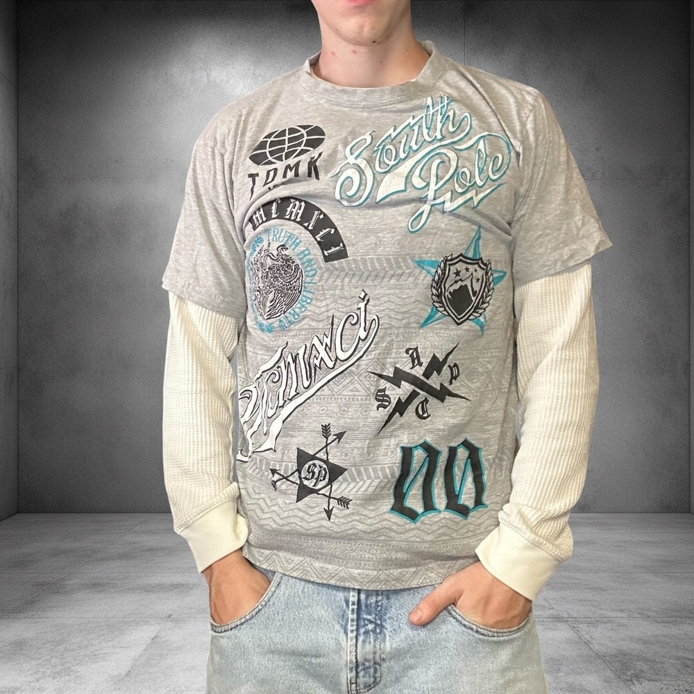 Vintage Southpole Graphic T-Shirt Grey Y2K Skater Streetwear XL